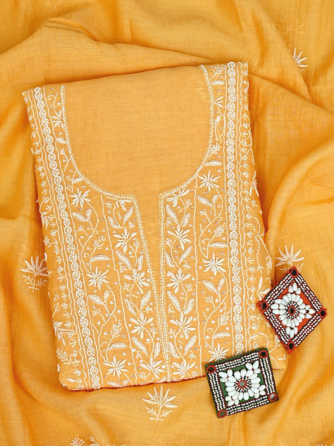 Ada Hand Embroidered Orange Chanderi Lucknowi Chikankari Unstitched Kurta Dupatta Set With Cutdana Work 01A922089