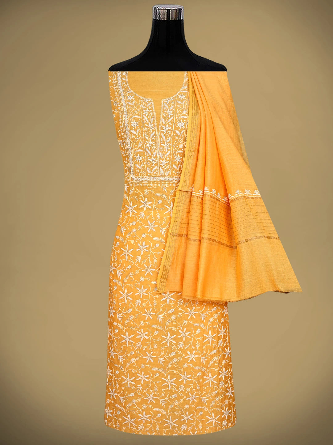 Ada Hand Embroidered Orange Chanderi Lucknowi Chikankari Unstitched Kurta Dupatta Set With Cutdana Work 01A922089