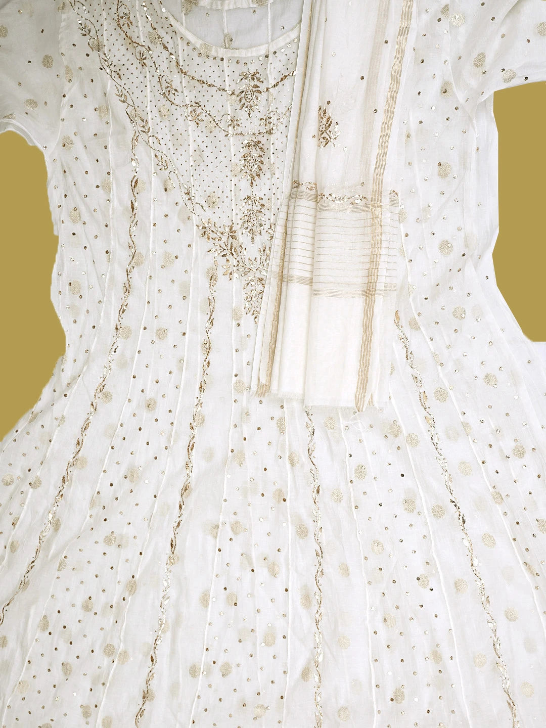 Ada Hand Embroidered White Chanderi Semi-stitched Anarkali Kurta Dupatta Set With Muqaish/Mukaish Work 01A903432