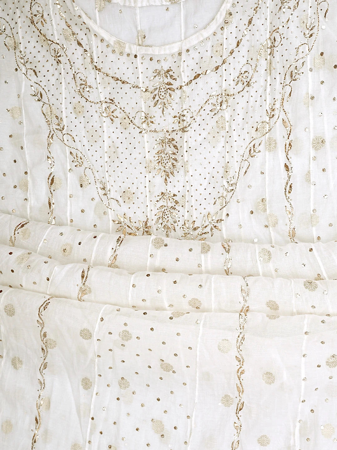 Ada Hand Embroidered White Chanderi Semi-stitched Anarkali Kurta Dupatta Set With Muqaish/Mukaish Work 01A903432