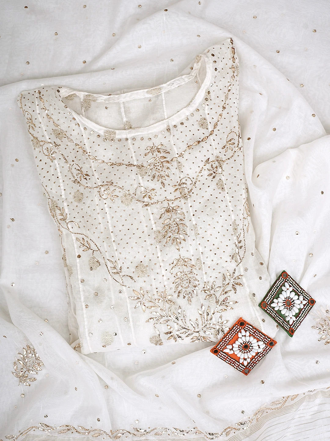 Ada Hand Embroidered White Chanderi Semi-stitched Anarkali Kurta Dupatta Set With Muqaish/Mukaish Work 01A903432