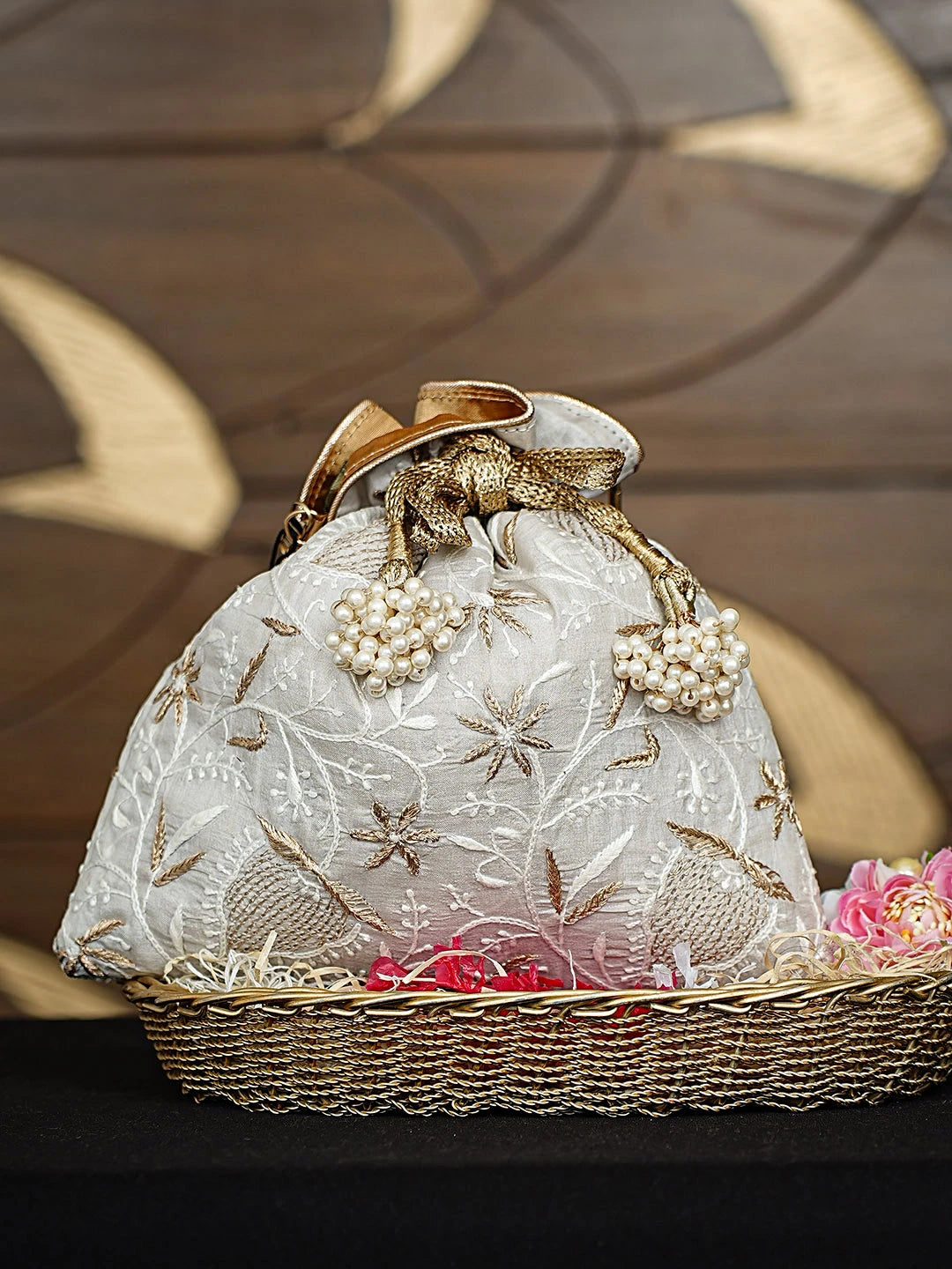 Ada Hand Embroidered Grey Silk Lucknowi Chikankari Potli Bag With Zari Work 01A924417