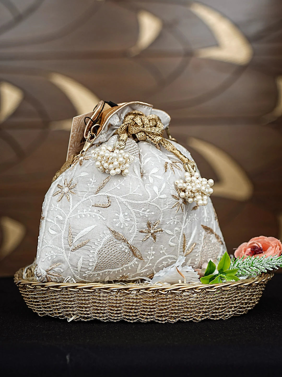 Ada Hand Embroidered Grey Silk Lucknowi Chikankari Potli Bag With Zari Work 01A924417