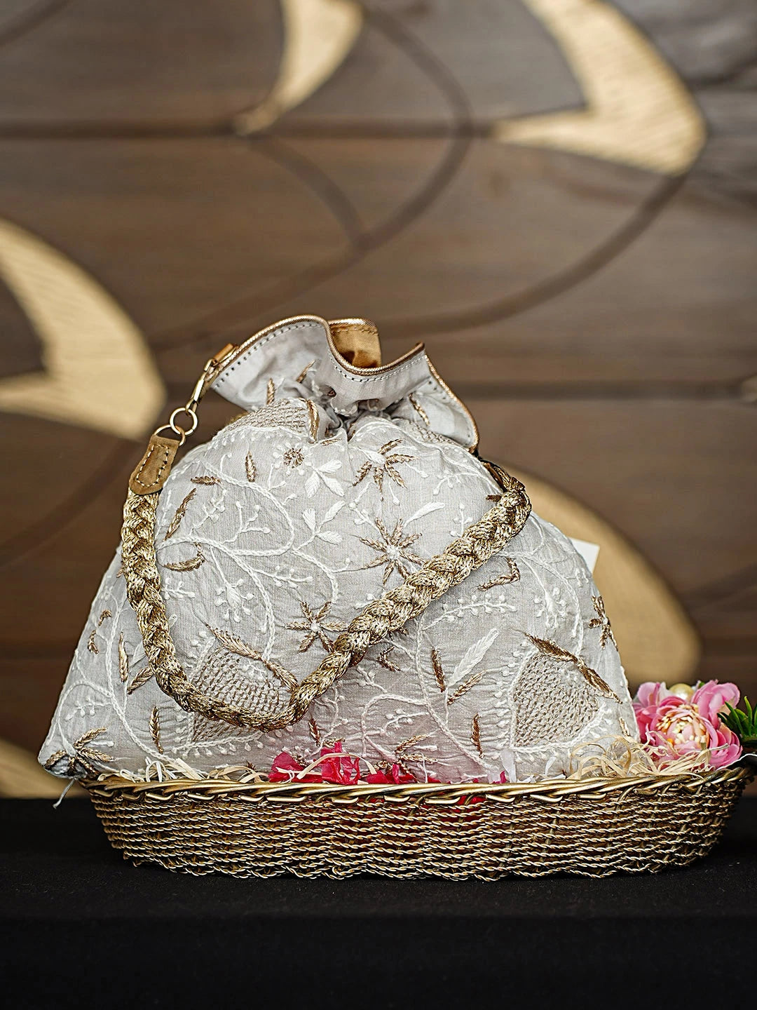 Ada Hand Embroidered Grey Silk Lucknowi Chikankari Potli Bag With Zari Work 01A924417