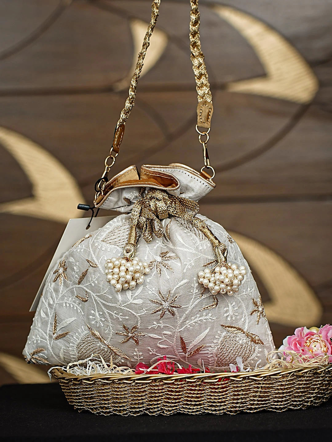 Ada Hand Embroidered Grey Silk Lucknowi Chikankari Potli Bag With Zari Work 01A924417