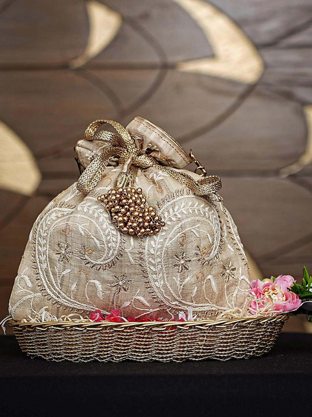 Ada Hand Embroidered Fawn Silk Lucknowi Chikankari Potli Bag With Zari Work 01A924382