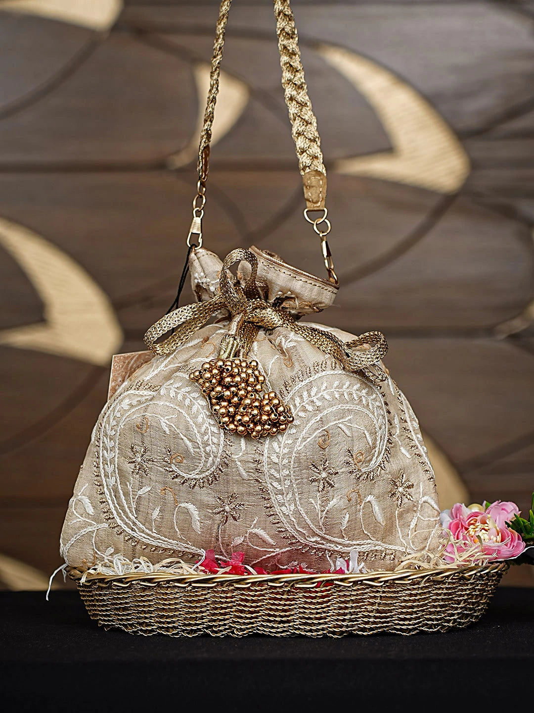 Ada Hand Embroidered Fawn Silk Lucknowi Chikankari Potli Bag With Zari Work 01A924382