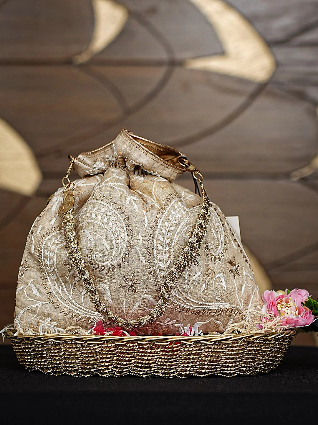 Ada Hand Embroidered Fawn Silk Lucknowi Chikankari Potli Bag With Zari Work 01A924382