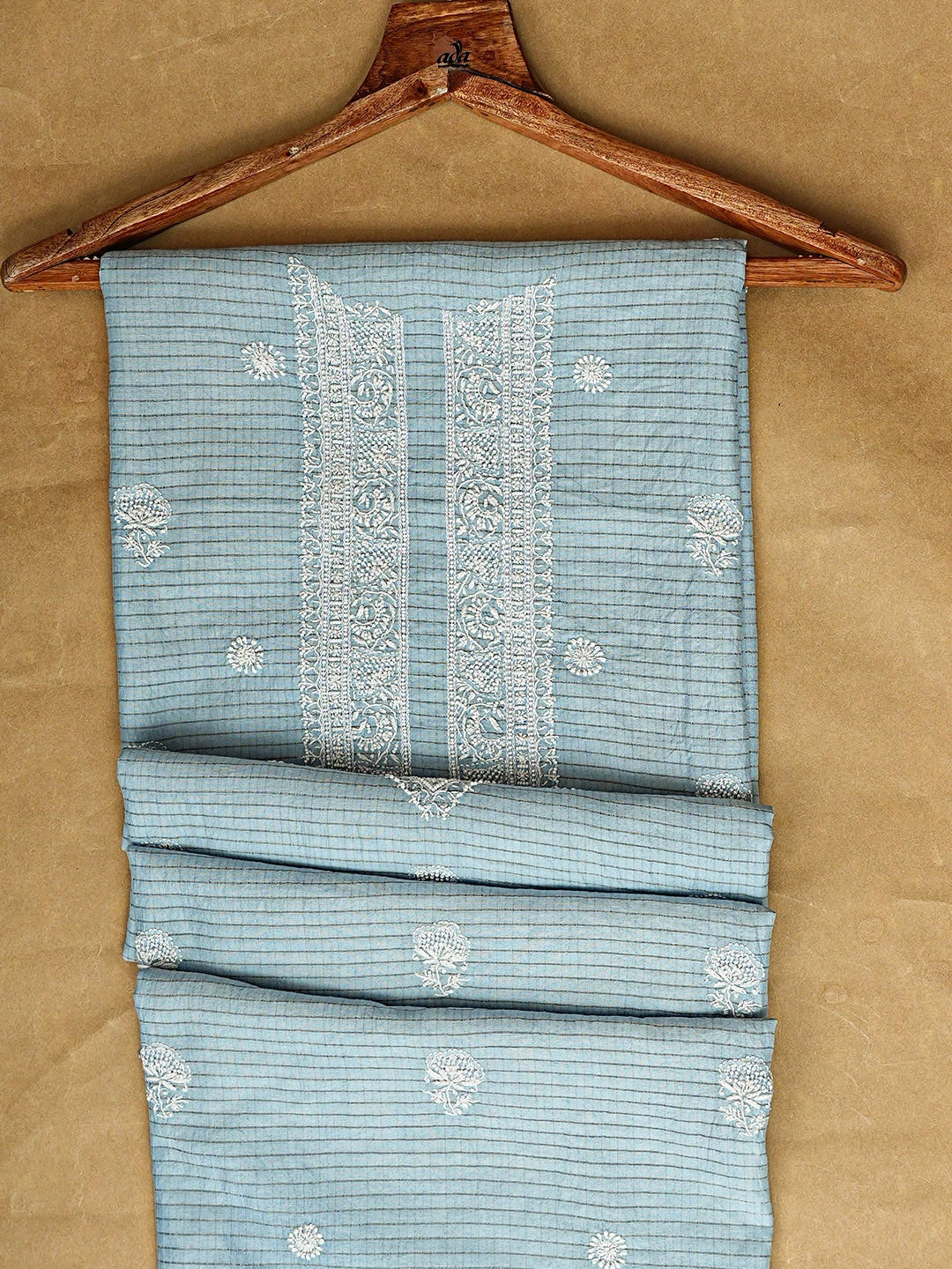 Ada Hand Embroidered Blue Chanderi Lucknowi Chikankari Unstitched Kurta With Pearl Work 01A902242