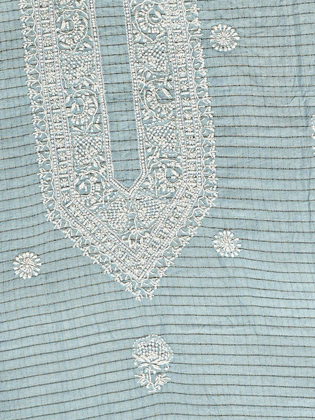 Ada Hand Embroidered Blue Chanderi Lucknowi Chikankari Unstitched Kurta With Pearl Work 01A902242
