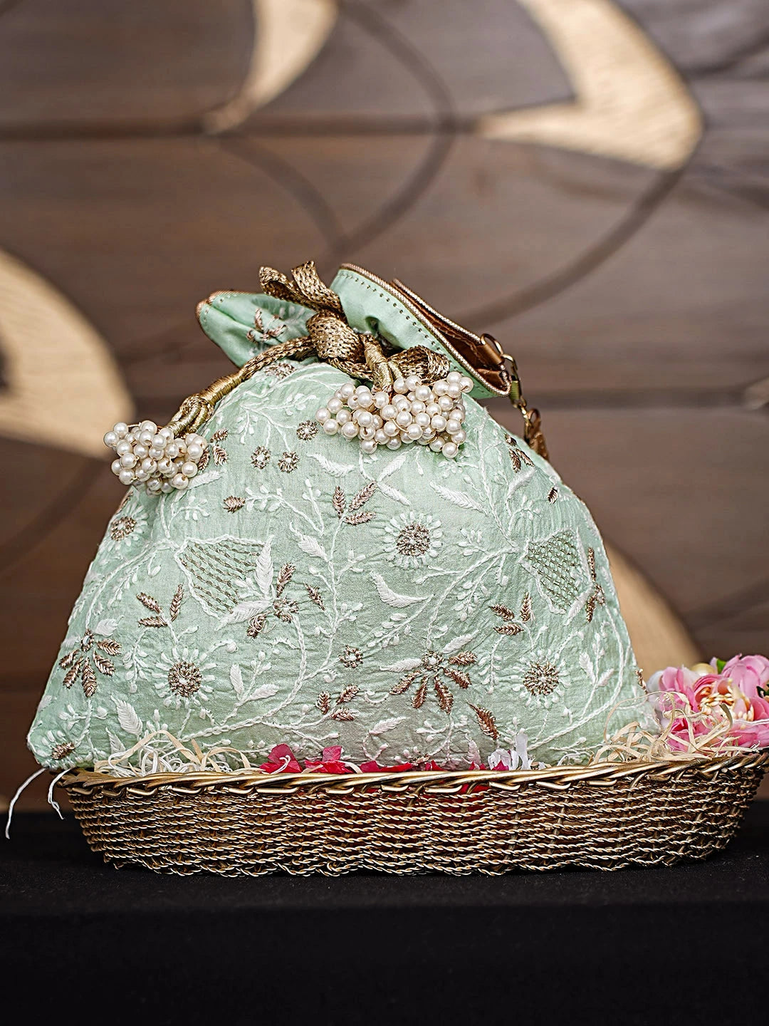 Ada Hand Embroidered Light Seafoam Green Silk Lucknowi Chikankari Potli Bag With Zari Work 01A924412