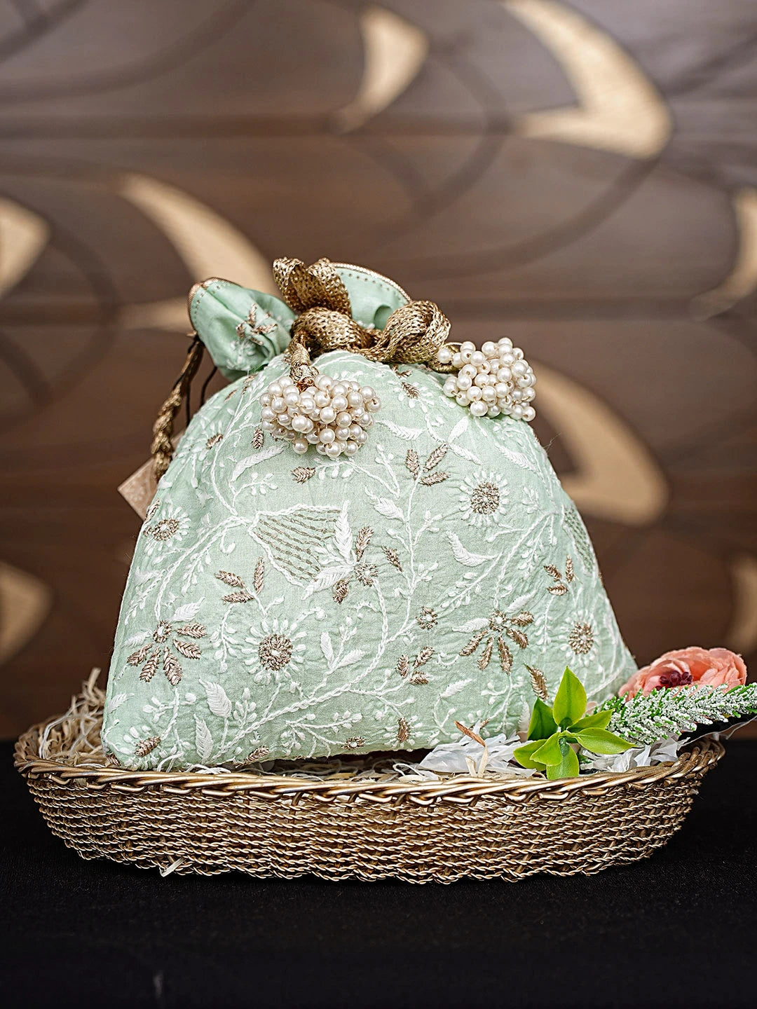 Ada Hand Embroidered Light Seafoam Green Silk Lucknowi Chikankari Potli Bag With Zari Work 01A924412