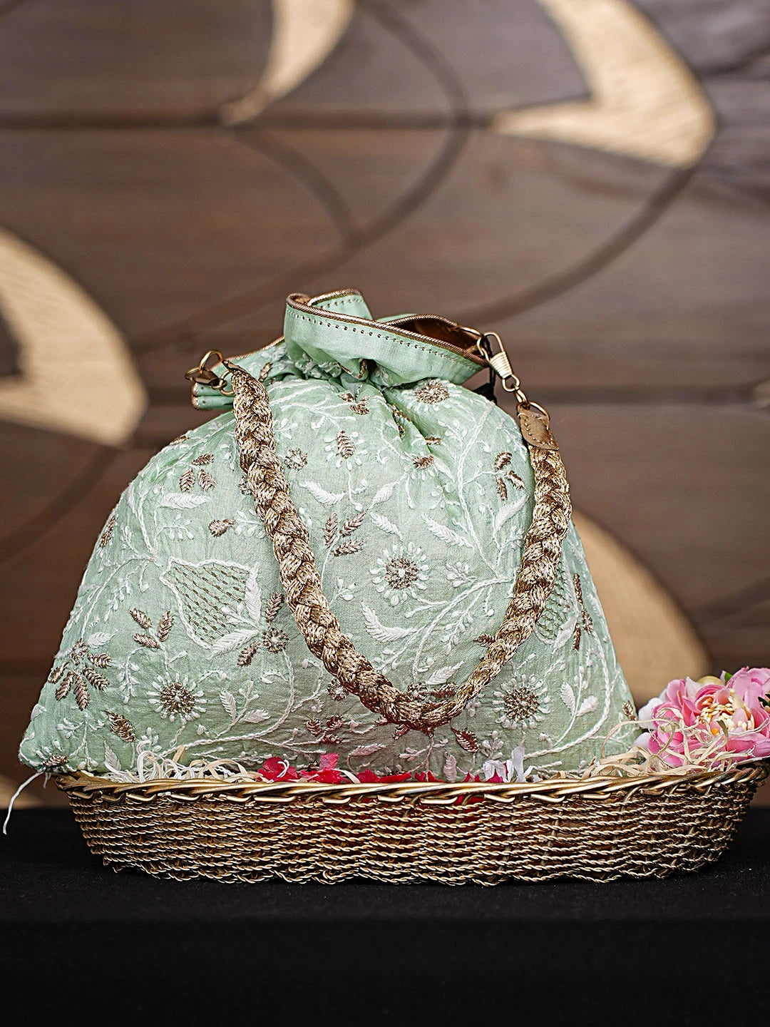 Ada Hand Embroidered Light Seafoam Green Silk Lucknowi Chikankari Potli Bag With Zari Work 01A924412
