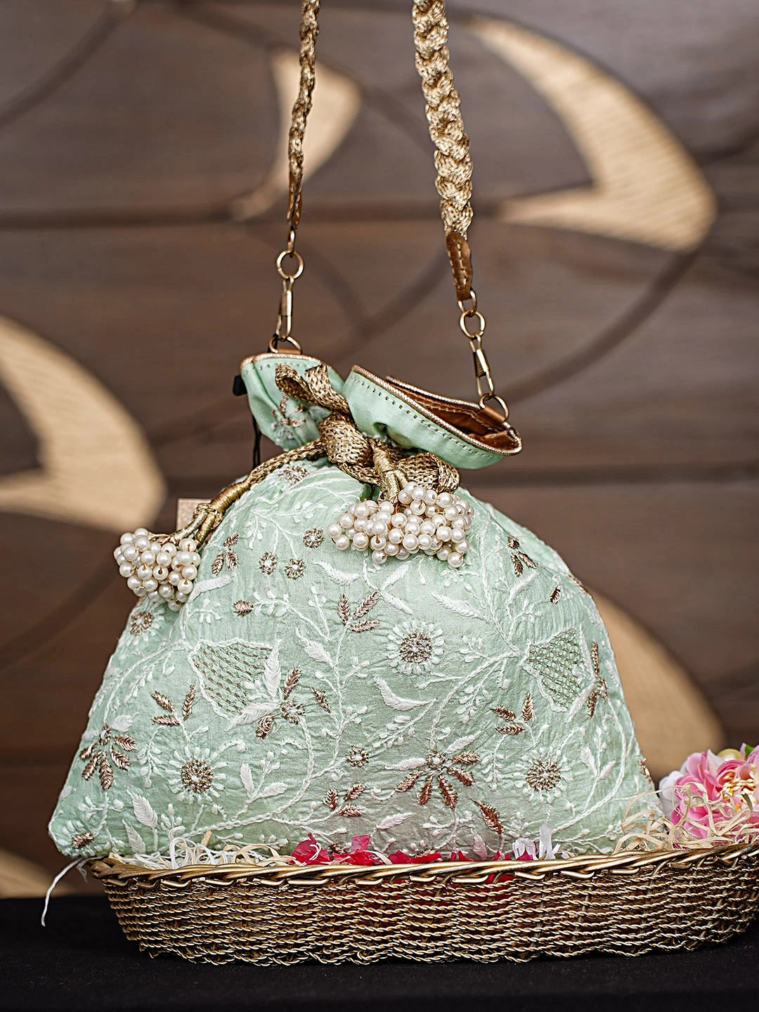 Ada Hand Embroidered Light Seafoam Green Silk Lucknowi Chikankari Potli Bag With Zari Work 01A924412