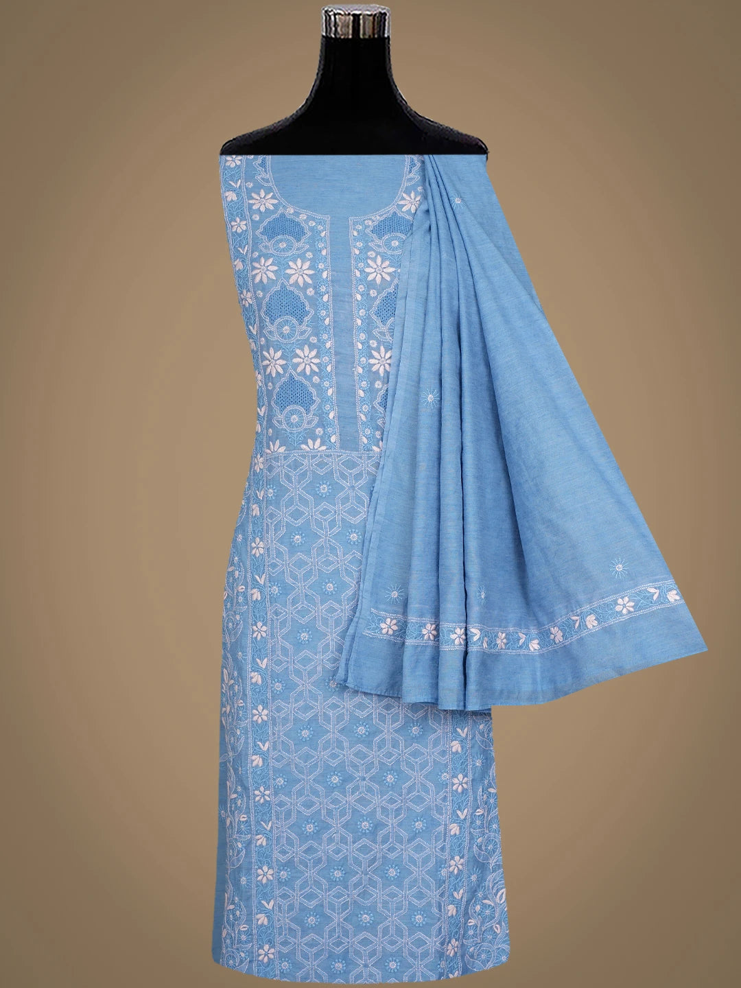Ada Hand Embroidered Denim Blue Chanderi Lucknowi Chikankari Semi Stitched Kurta Dupatta Set 01A932557
