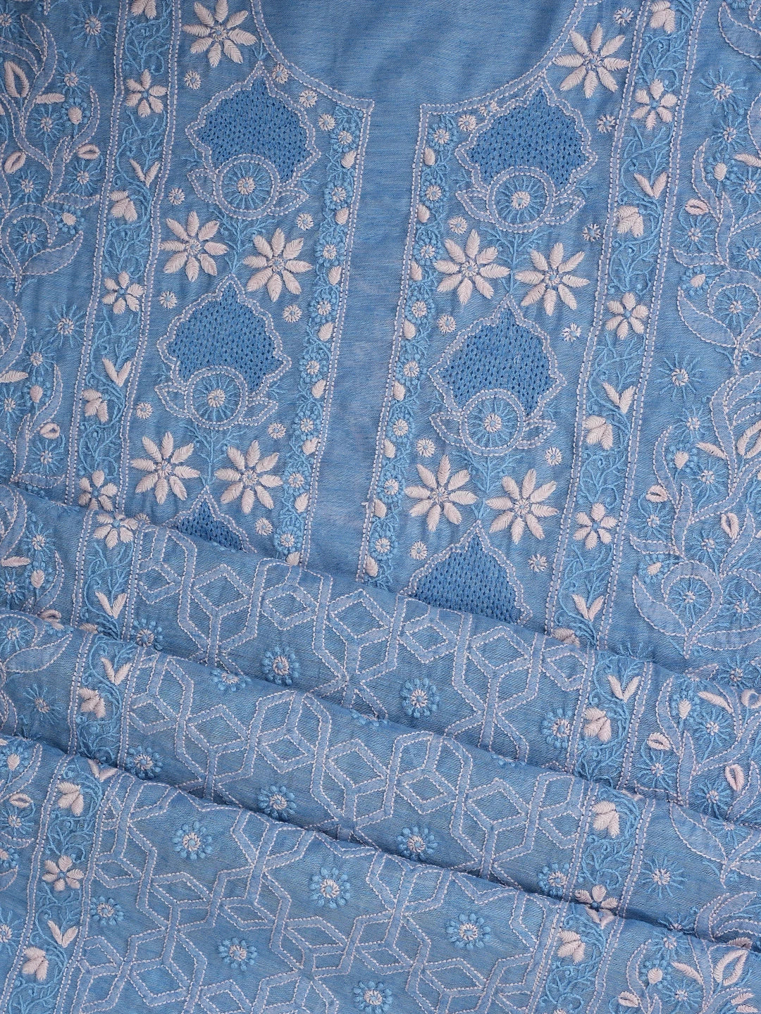 Ada Hand Embroidered Denim Blue Chanderi Lucknowi Chikankari Semi Stitched Kurta Dupatta Set 01A932557