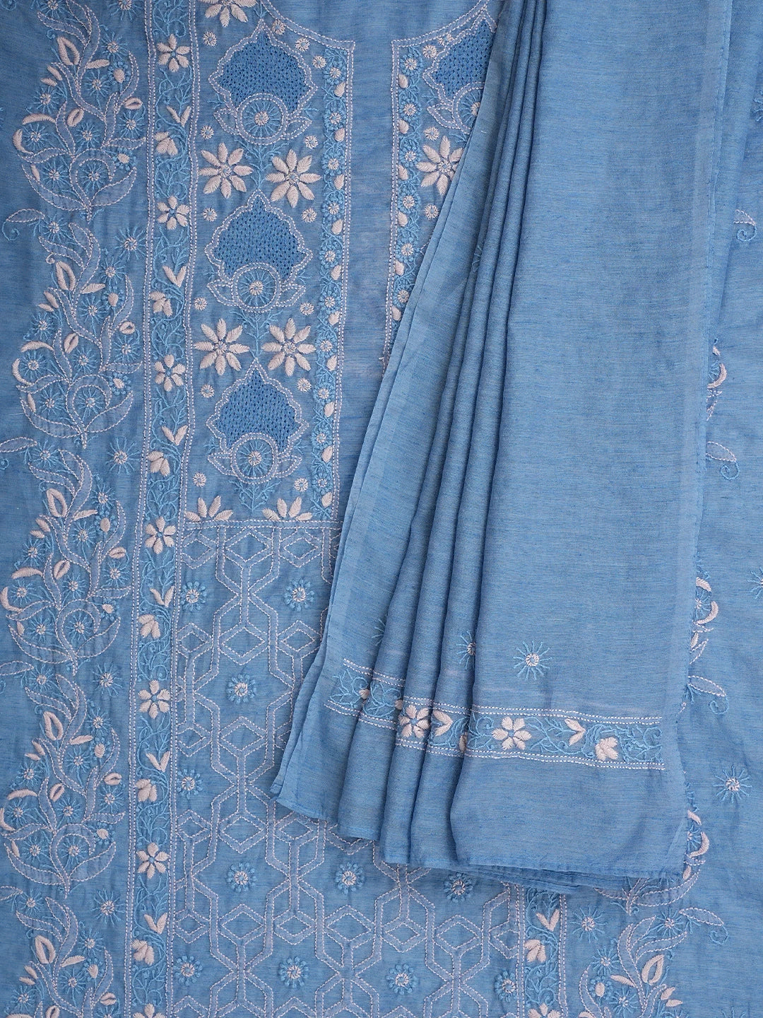 Ada Hand Embroidered Denim Blue Chanderi Lucknowi Chikankari Semi Stitched Kurta Dupatta Set 01A932557