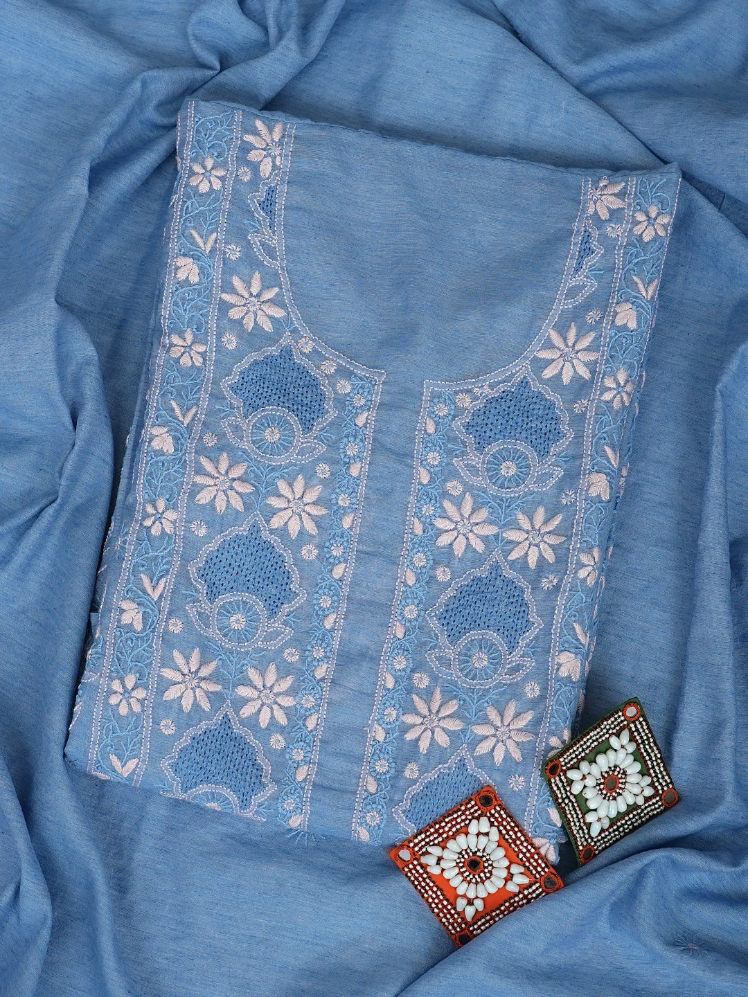 Ada Hand Embroidered Denim Blue Chanderi Lucknowi Chikankari Semi Stitched Kurta Dupatta Set 01A932557
