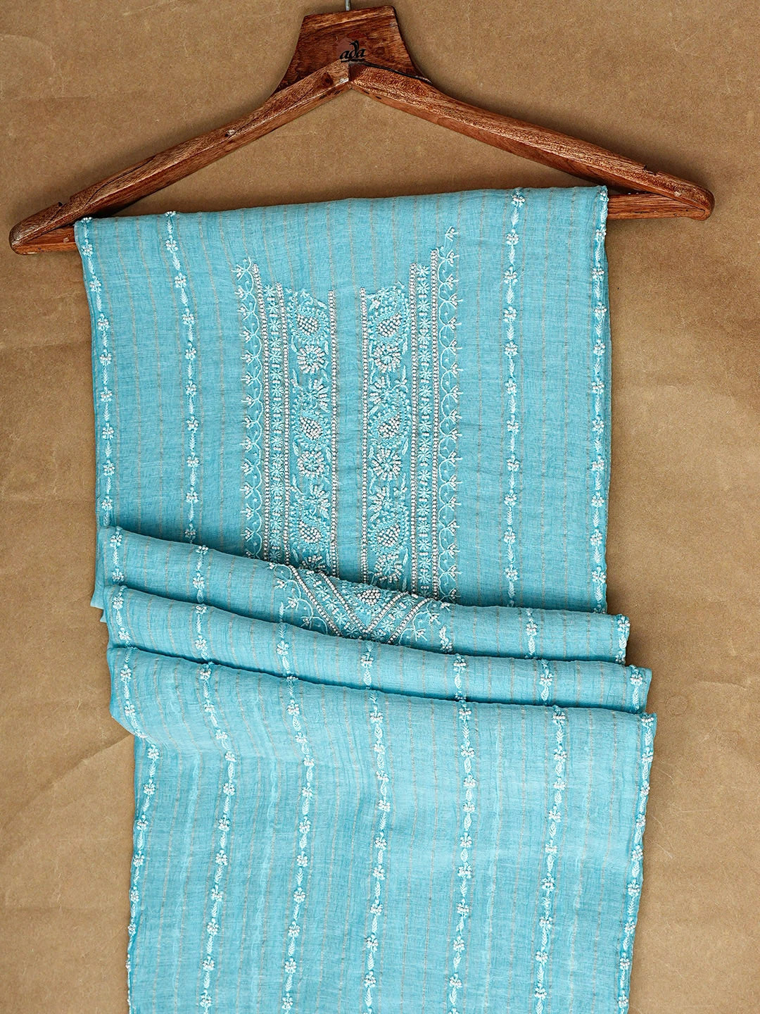 Ada Hand Embroidered Blue Chanderi Lucknowi Chikankari Unstitched Men's Kurta With Pearl Work 01A889694