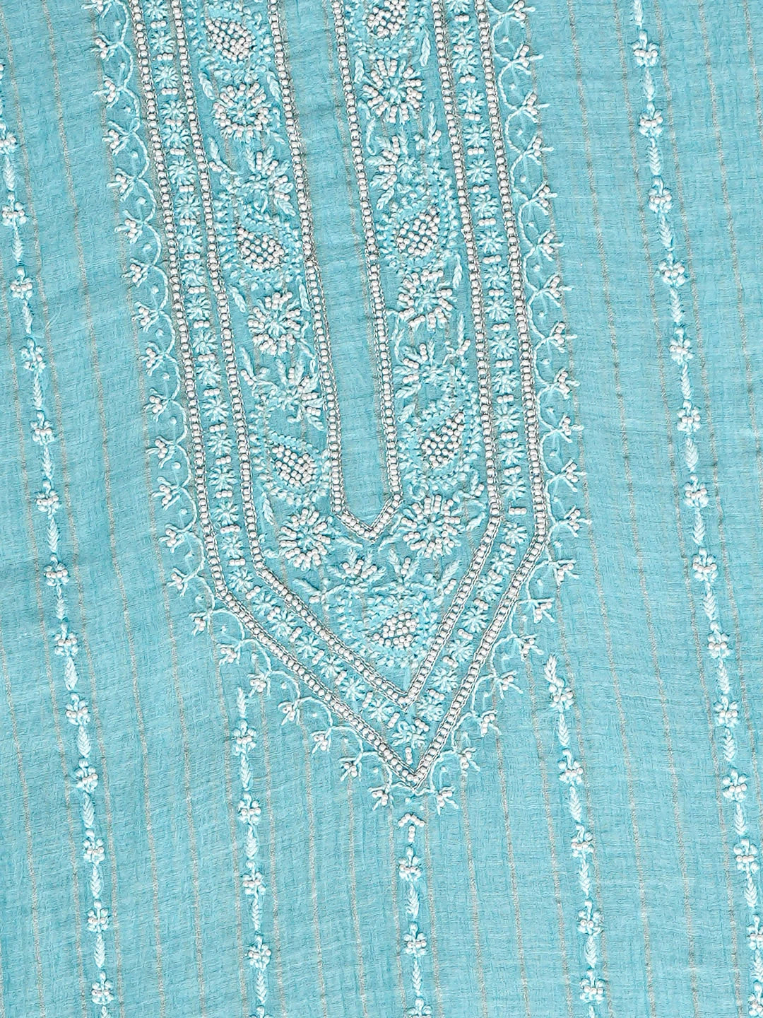 Ada Hand Embroidered Blue Chanderi Lucknowi Chikankari Unstitched Men's Kurta With Pearl Work 01A889694