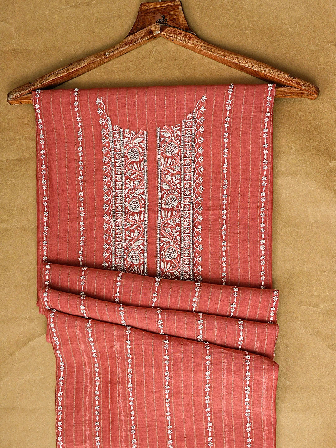 Ada Hand Embroidered Peach Chanderi Lucknowi Chikankari Unstitched Men's Kurta With Pearl Work 01A889693