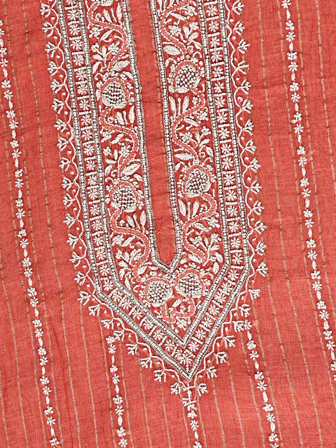 Ada Hand Embroidered Peach Chanderi Lucknowi Chikankari Unstitched Men's Kurta With Pearl Work 01A889693