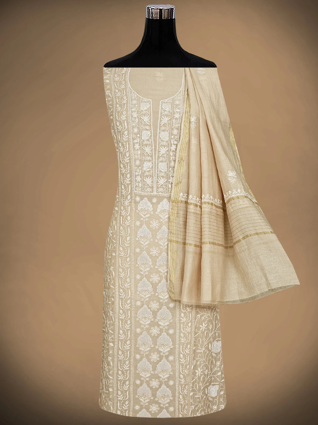 Ada Hand Embroidered Light Peach Chanderi Lucknowi Chikankari Semi-stitched Kurta Dupatta Set With Cutdana Work 01A922061