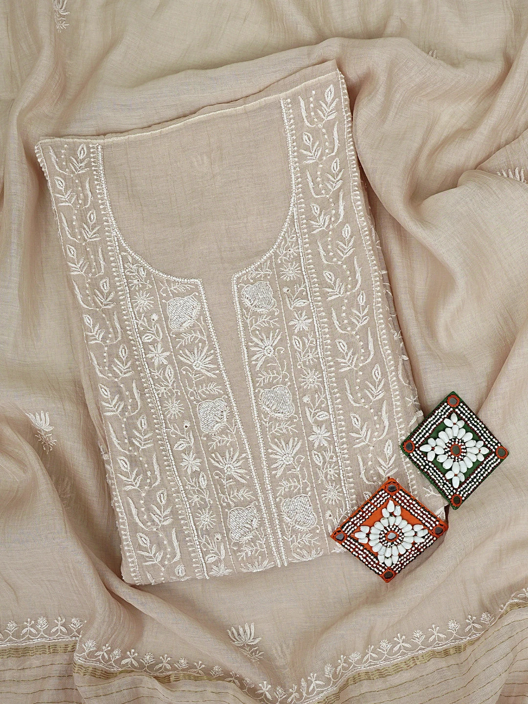 Ada Hand Embroidered Light Peach Chanderi Lucknowi Chikankari Semi-stitched Kurta Dupatta Set With Cutdana Work 01A922061