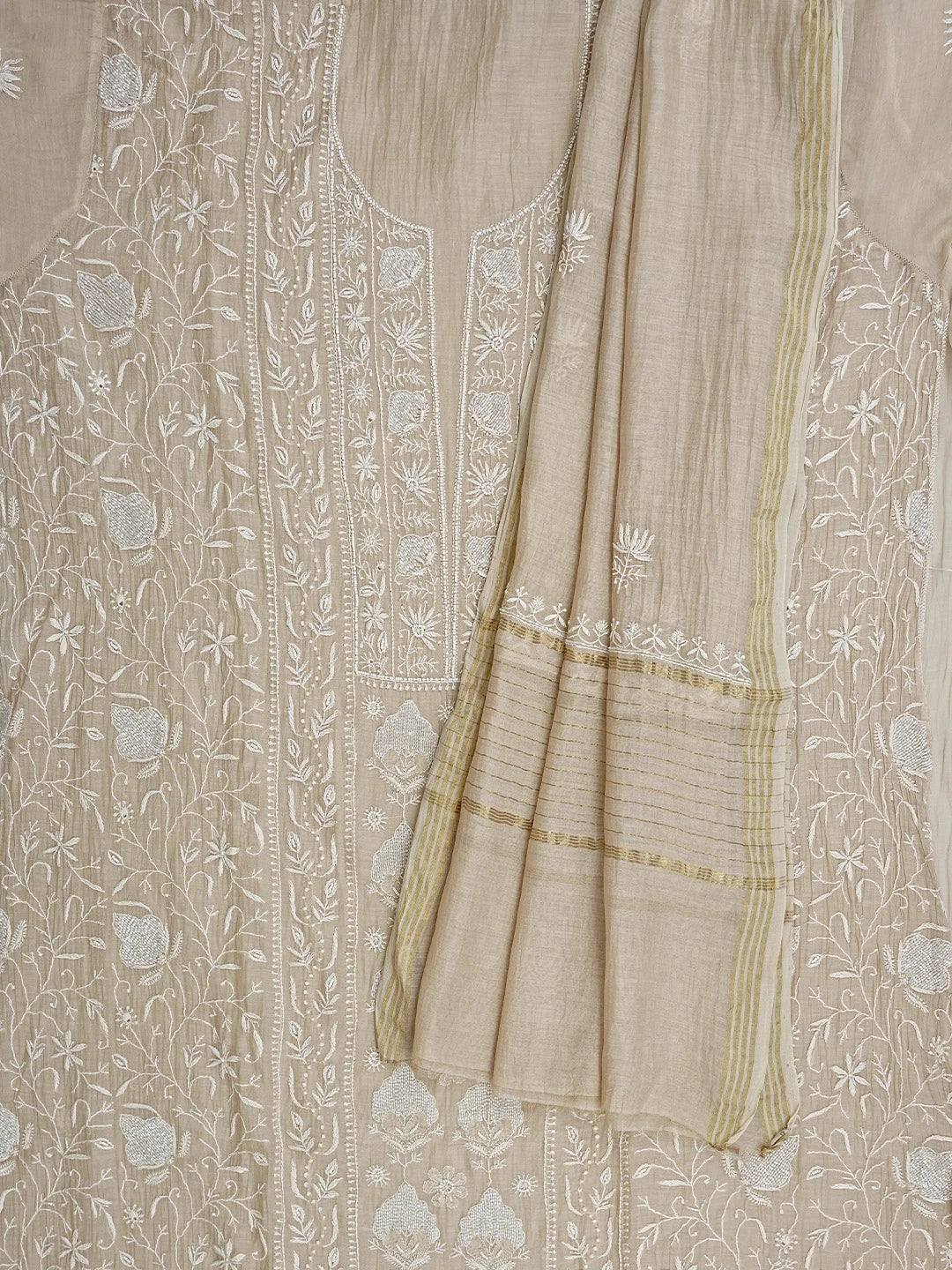 Ada Hand Embroidered Light Peach Chanderi Lucknowi Chikankari Semi-stitched Kurta Dupatta Set With Cutdana Work 01A922061