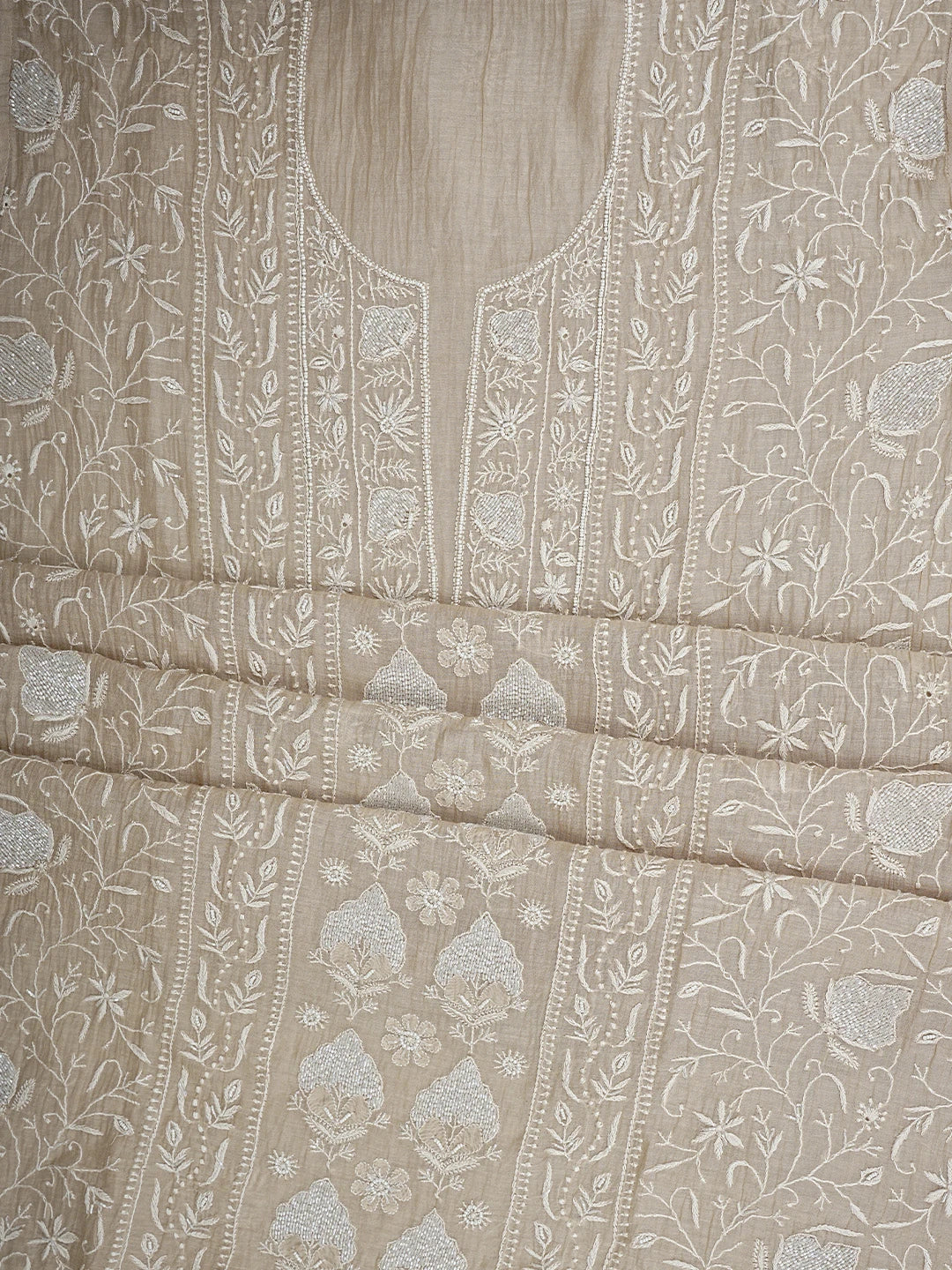 Ada Hand Embroidered Light Peach Chanderi Lucknowi Chikankari Semi-stitched Kurta Dupatta Set With Cutdana Work 01A922061