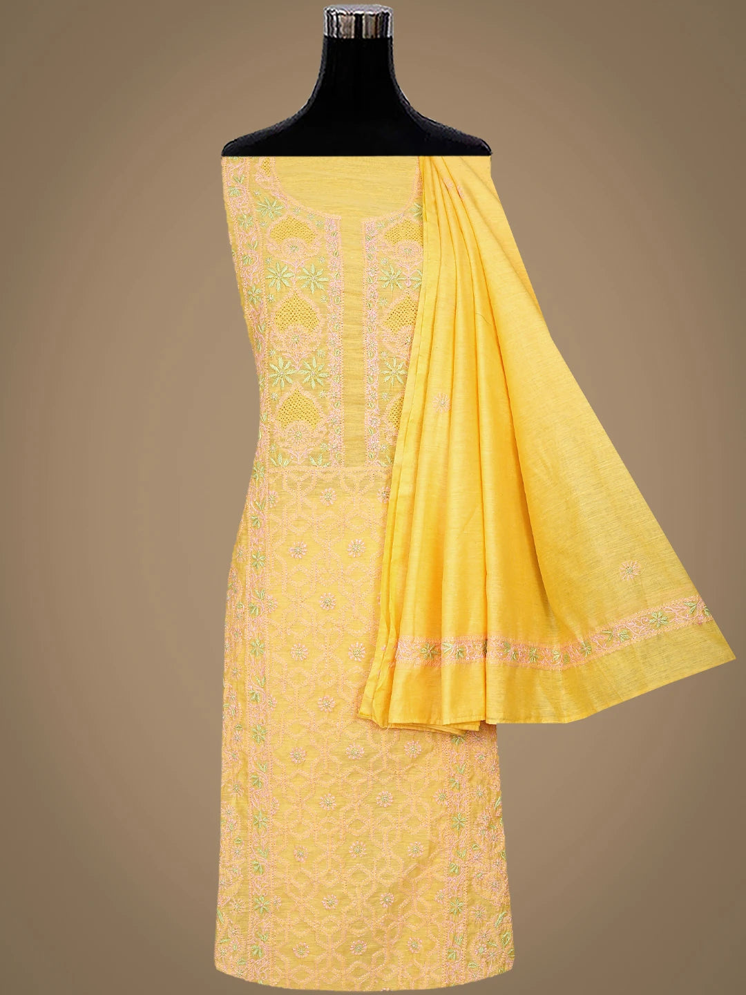 Ada Hand Embroidered Mango Yellow Chanderi Lucknowi Chikankari Semi Stitched Kurta Dupatta Set 01A932558