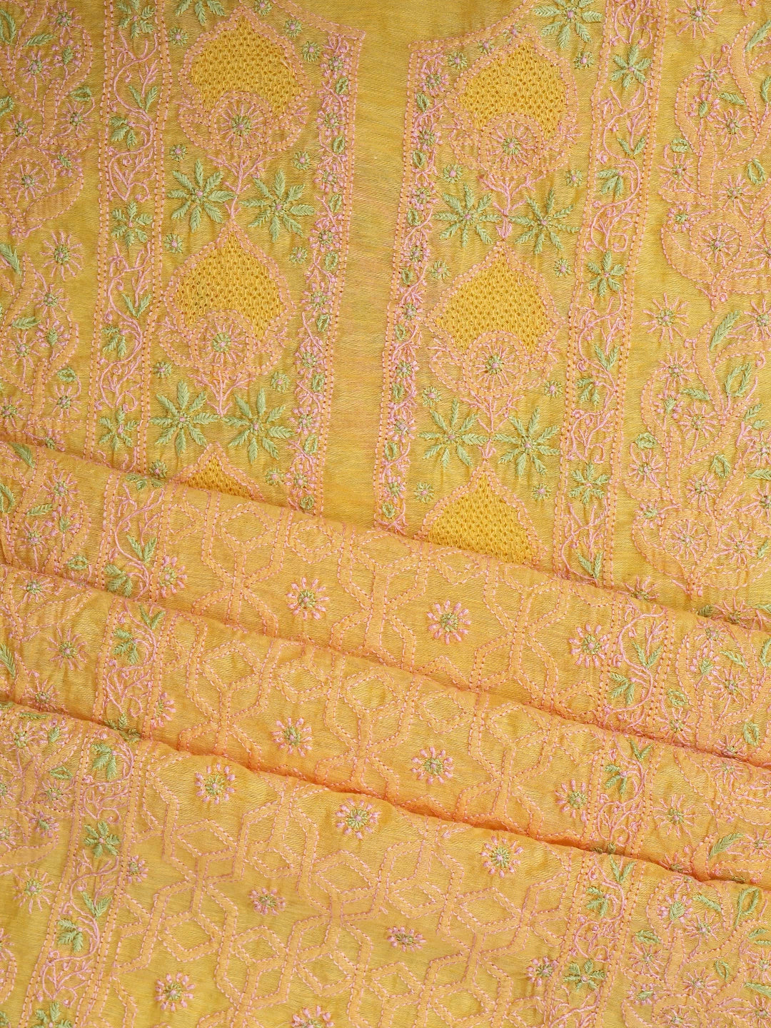 Ada Hand Embroidered Mango Yellow Chanderi Lucknowi Chikankari Semi Stitched Kurta Dupatta Set 01A932558