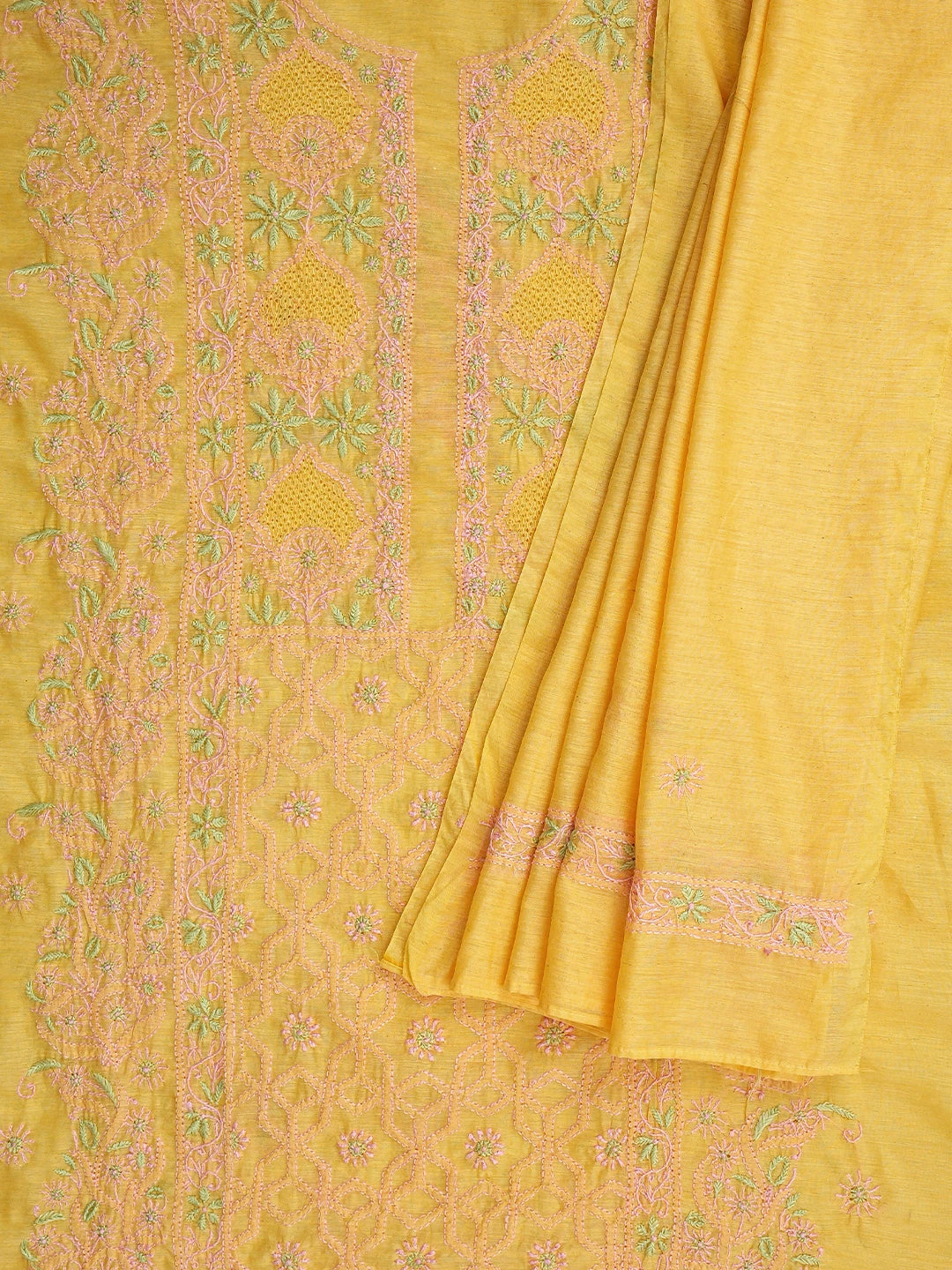 Ada Hand Embroidered Mango Yellow Chanderi Lucknowi Chikankari Semi Stitched Kurta Dupatta Set 01A932558