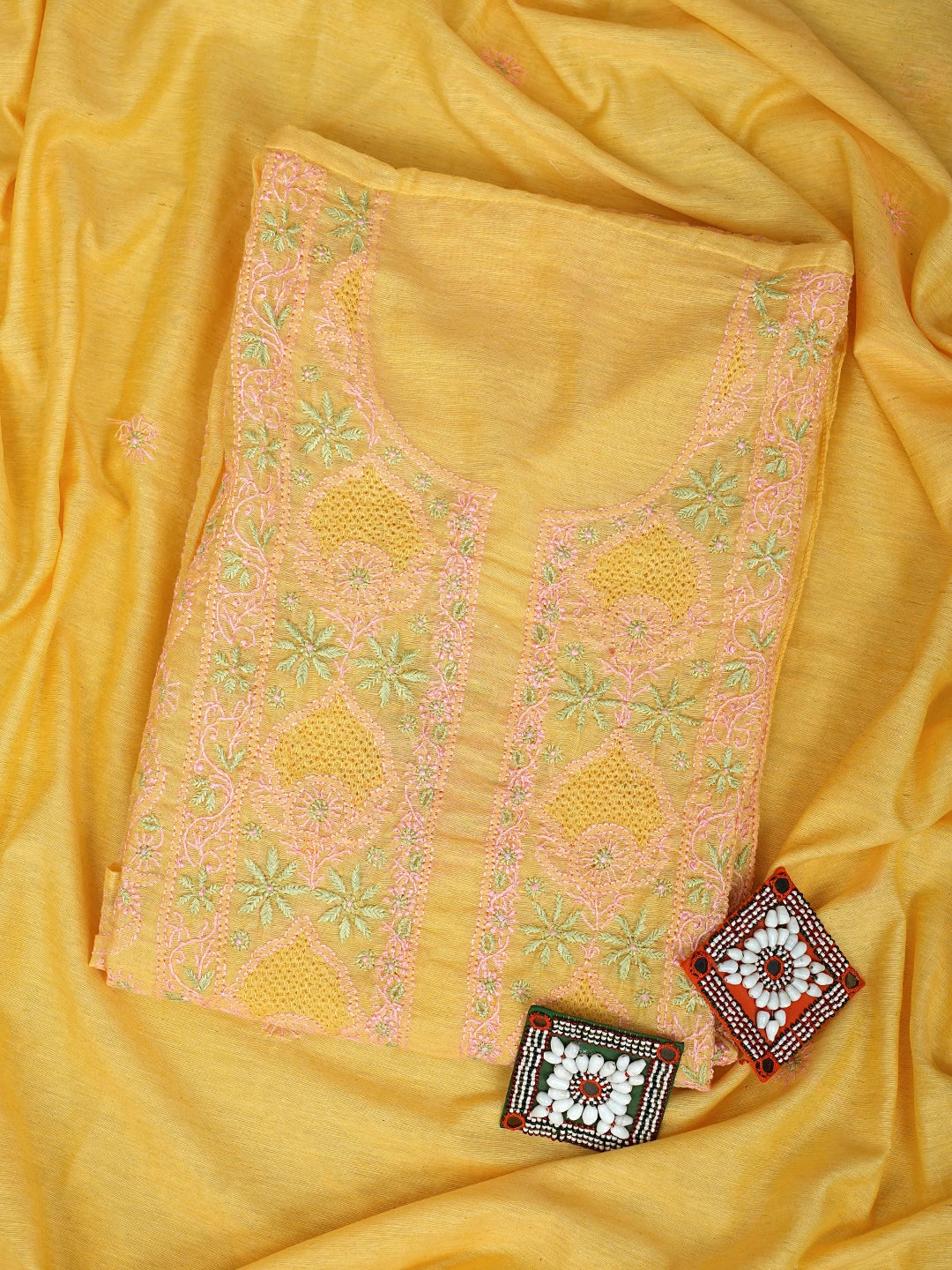 Ada Hand Embroidered Mango Yellow Chanderi Lucknowi Chikankari Semi Stitched Kurta Dupatta Set 01A932558