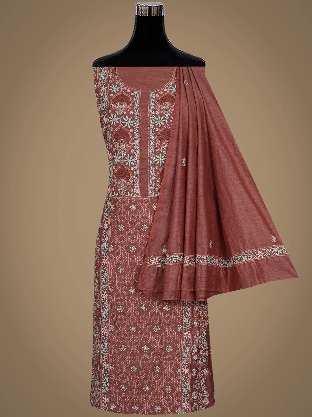 Ada Hand Embroidered Dusty Peach Chanderi Lucknowi Chikankari Semi Stitched Kurta Dupatta Set 01A932556
