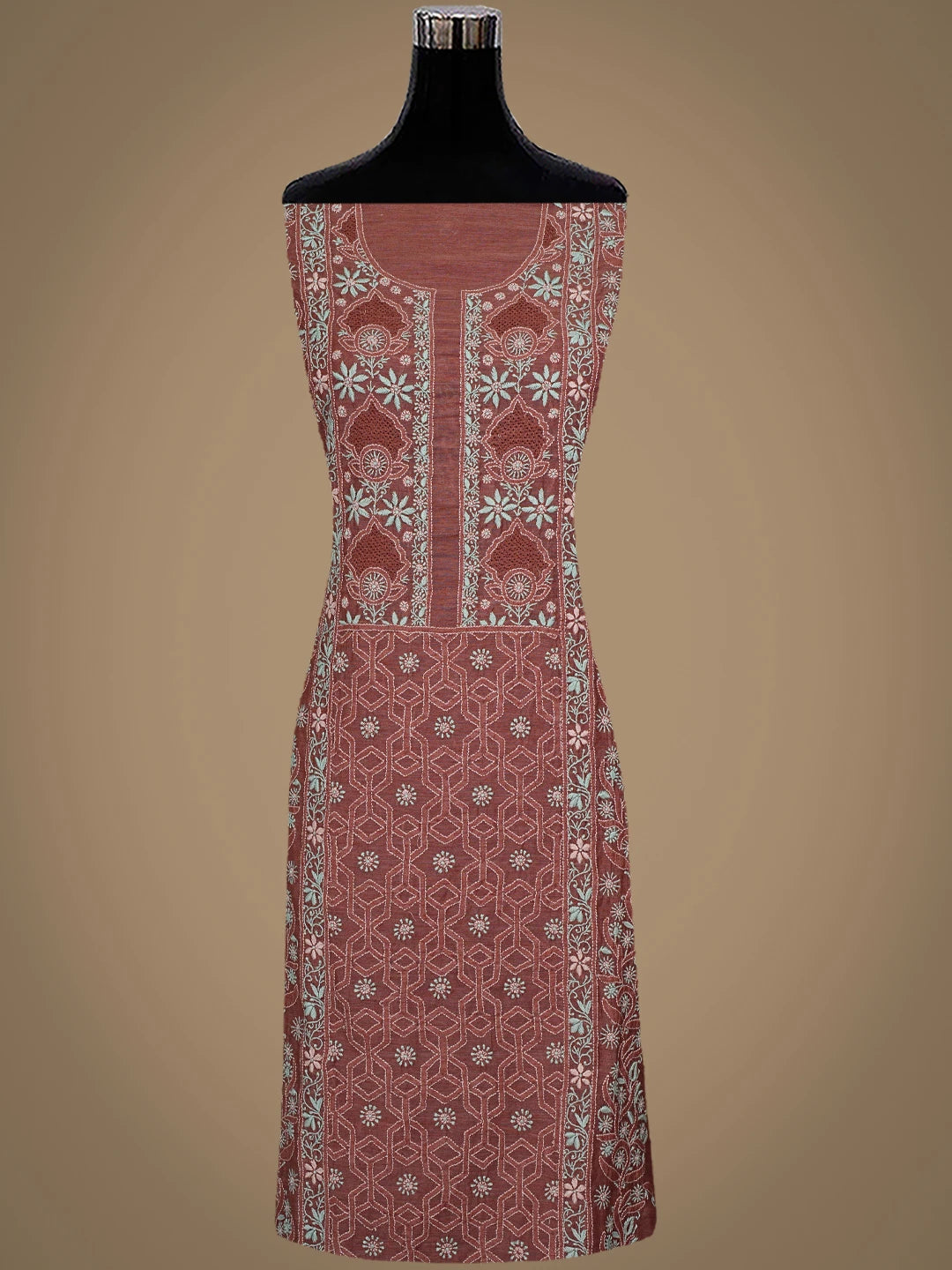 Ada Hand Embroidered Dusty Peach Chanderi Lucknowi Chikankari Semi Stitched Kurta Dupatta Set 01A932556