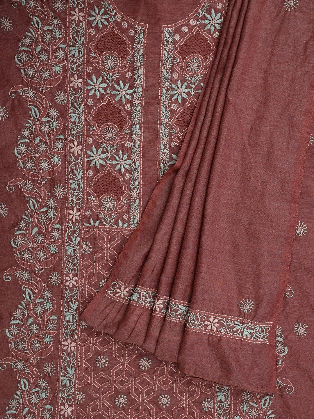 Ada Hand Embroidered Dusty Peach Chanderi Lucknowi Chikankari Semi Stitched Kurta Dupatta Set 01A932556