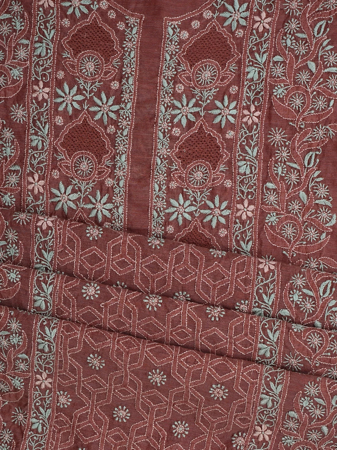 Ada Hand Embroidered Dusty Peach Chanderi Lucknowi Chikankari Semi Stitched Kurta Dupatta Set 01A932556