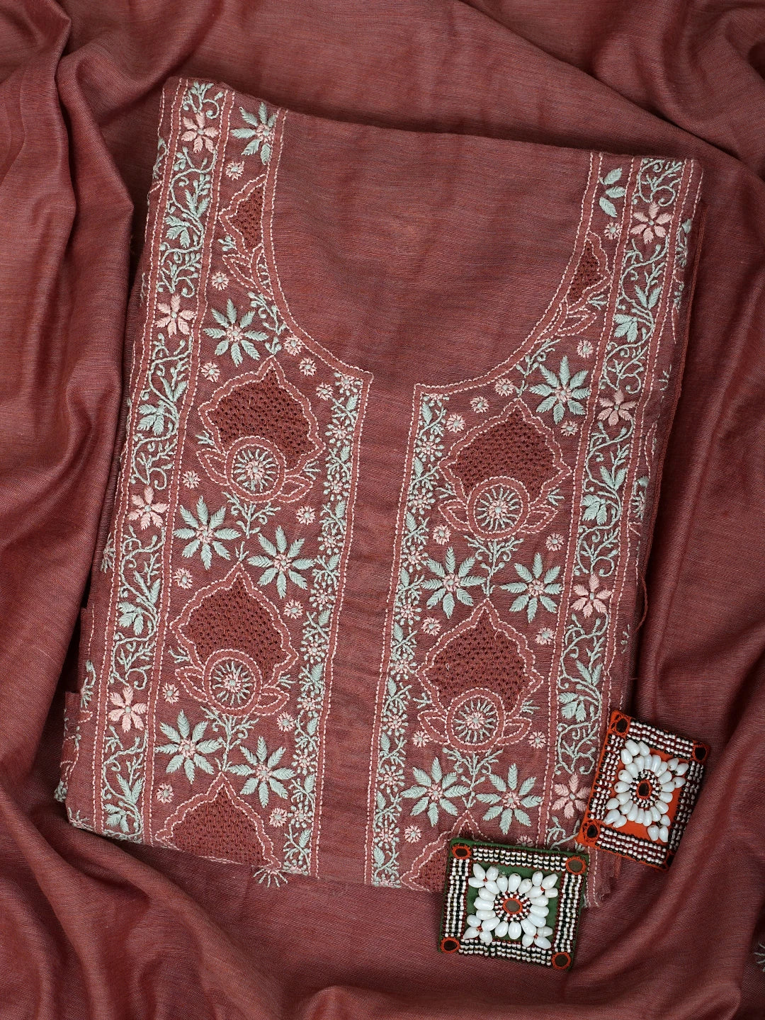 Ada Hand Embroidered Dusty Peach Chanderi Lucknowi Chikankari Semi Stitched Kurta Dupatta Set 01A932556