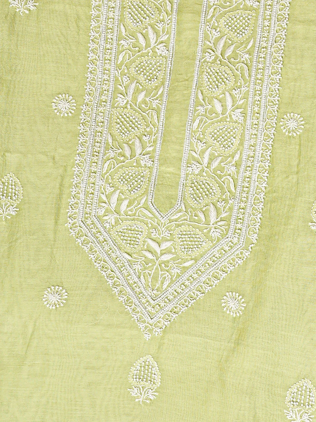 Ada Hand Embroidered Lime Green Chanderi Lucknowi Chikankari Unstitched Men's Kurta With Pearl Work 01A915308