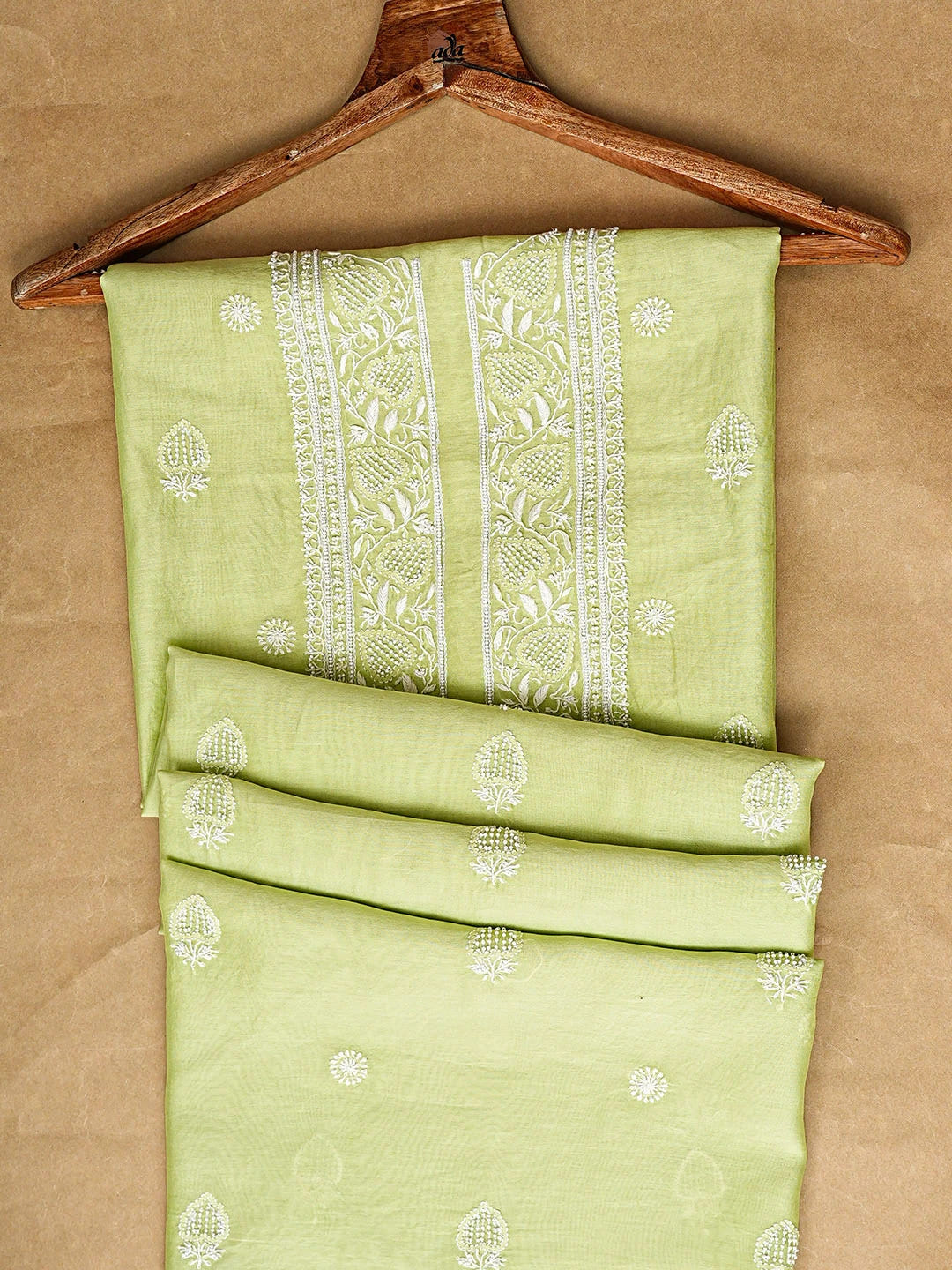 Ada Hand Embroidered Lime Green Chanderi Lucknowi Chikankari Unstitched Men's Kurta With Pearl Work 01A915308