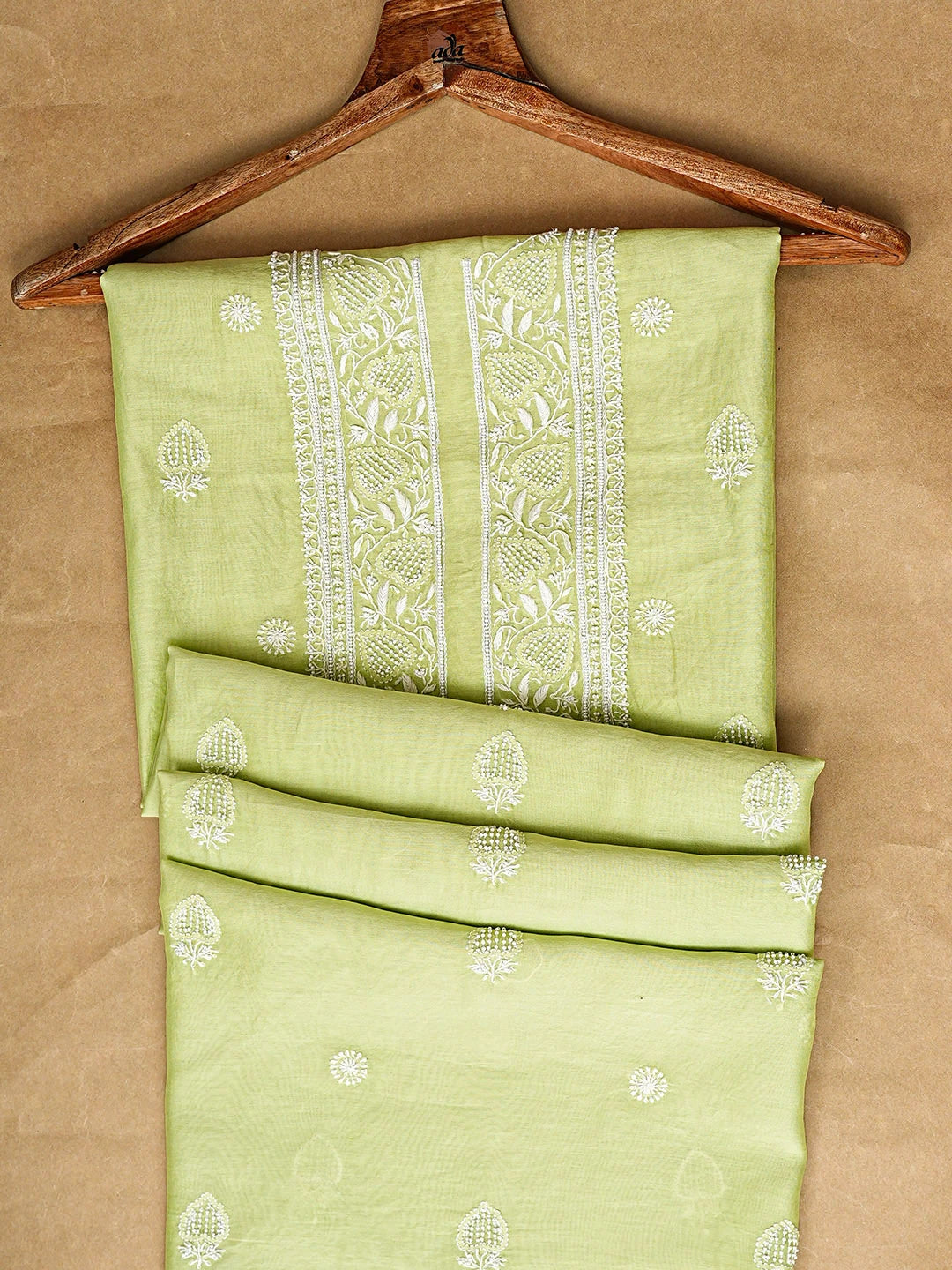 Ada Hand Embroidered Lime Green Chanderi Lucknowi Chikankari Unstitched Men's Kurta With Pearl Work 01A915308