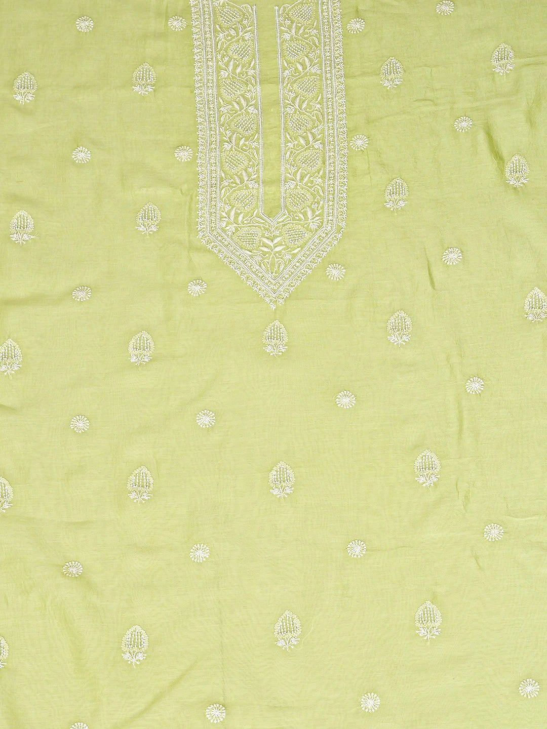 Ada Hand Embroidered Lime Green Chanderi Lucknowi Chikankari Unstitched Men's Kurta With Pearl Work 01A915308