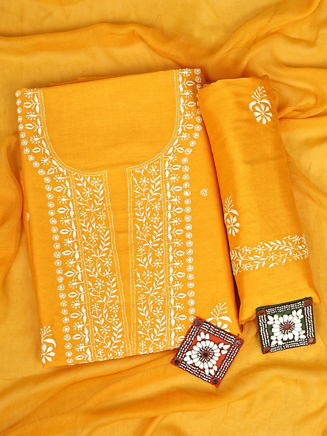 Ada Hand Embroidered Dark Orange Chanderi Lucknowi Chikankari Unstitched Suit Piece 01A932549