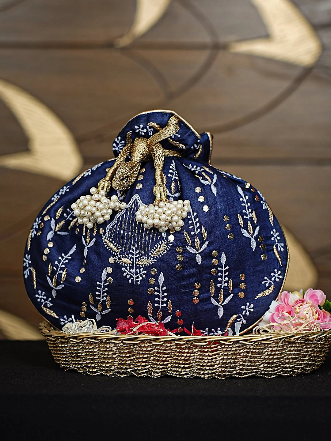 Ada Hand Embroidered Navy Blue Silk Lucknowi Chikankari Potli Bag With Zari Work 01A924316