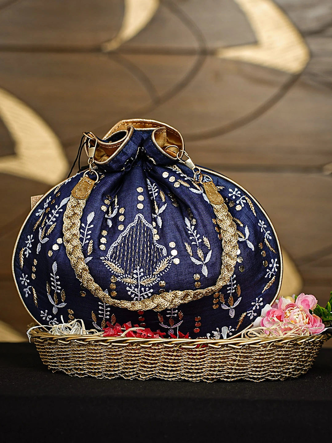 Ada Hand Embroidered Navy Blue Silk Lucknowi Chikankari Potli Bag With Zari Work 01A924316