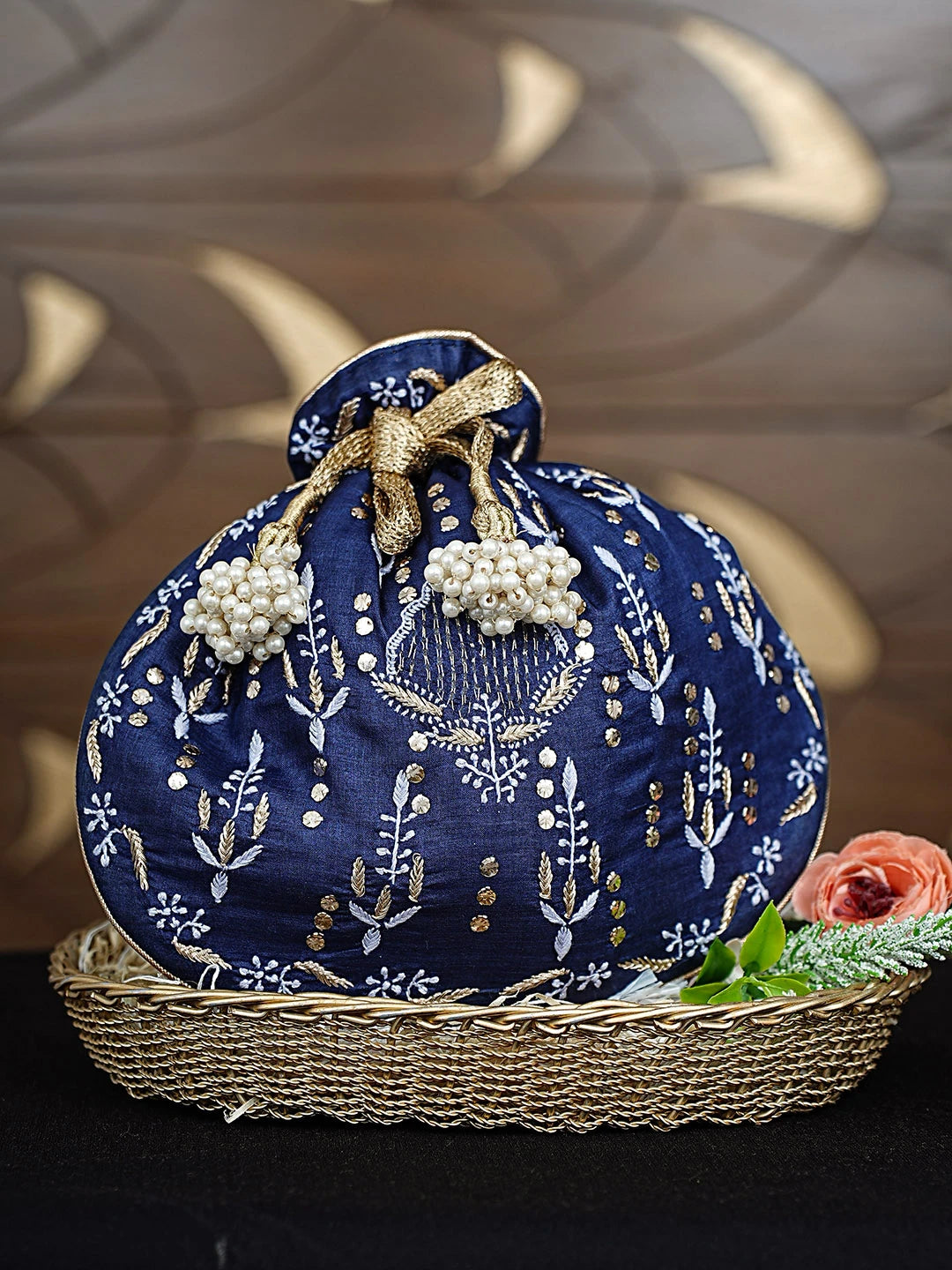 Ada Hand Embroidered Navy Blue Silk Lucknowi Chikankari Potli Bag With Zari Work 01A924316