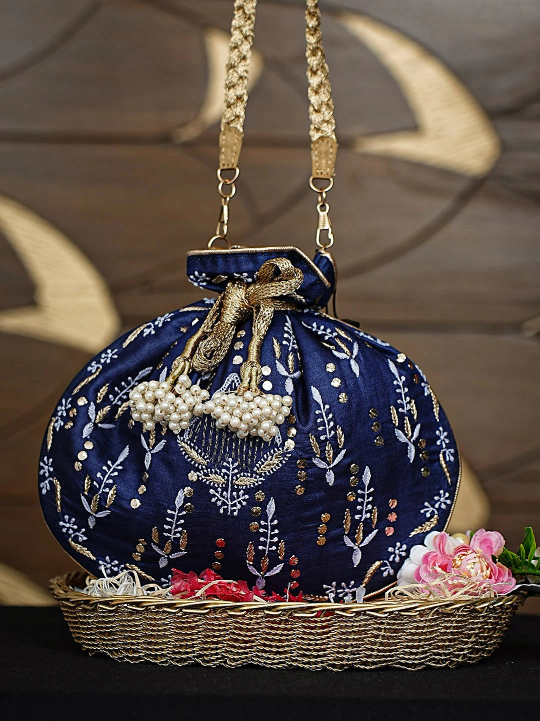 Ada Hand Embroidered Navy Blue Silk Lucknowi Chikankari Potli Bag With Zari Work 01A924316