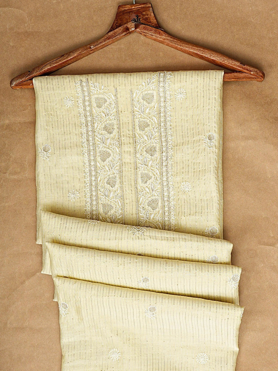 Ada Hand Embroidered Lemon Chanderi Lucknowi Chikankari Unstitched Men's Kurta With Cutdana Work 01A902260