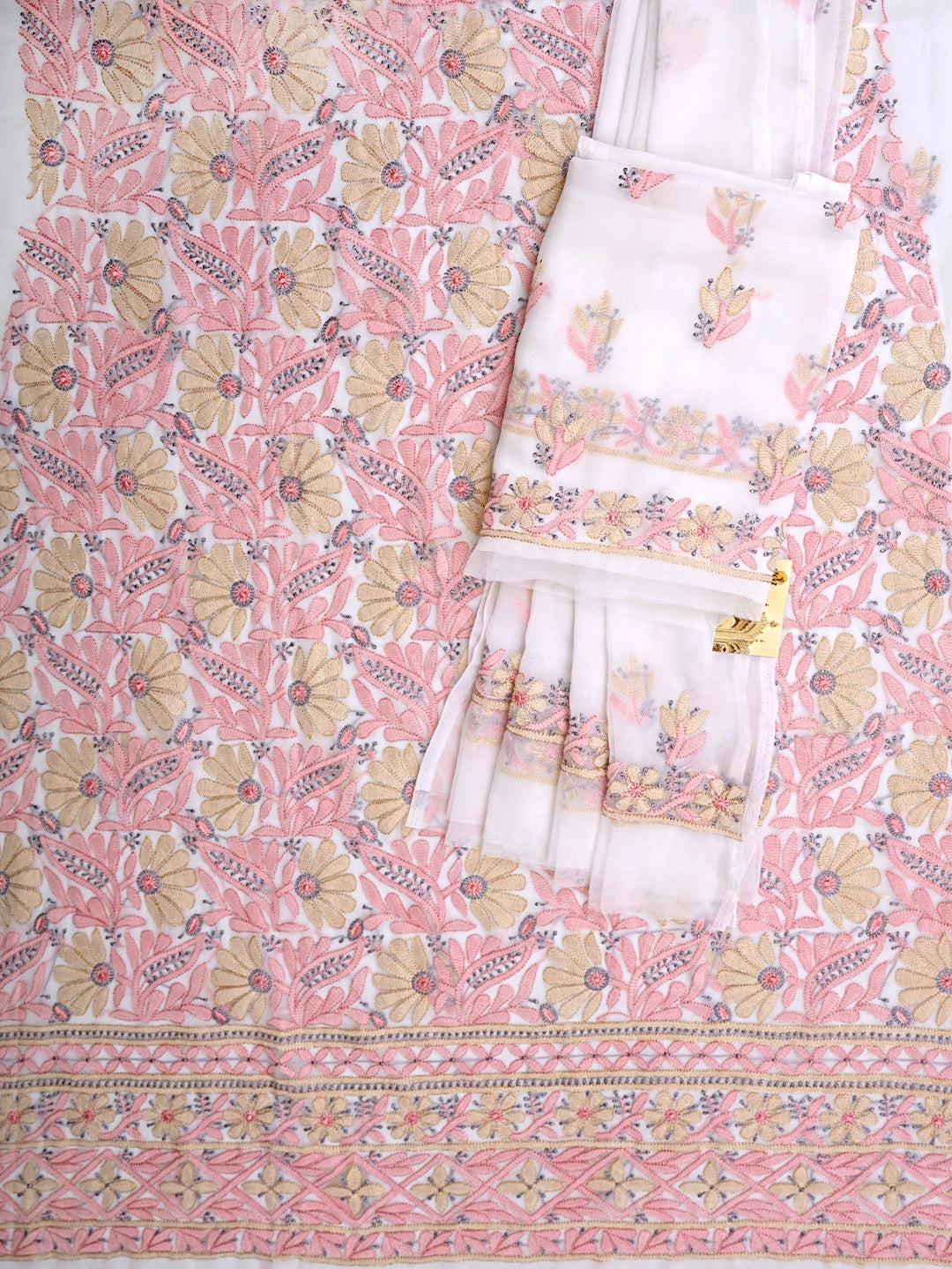 Ada Hand Embroidered White Ivory Georgette Lucknowi Chikankari Unstitched Suit Piece 01A931600